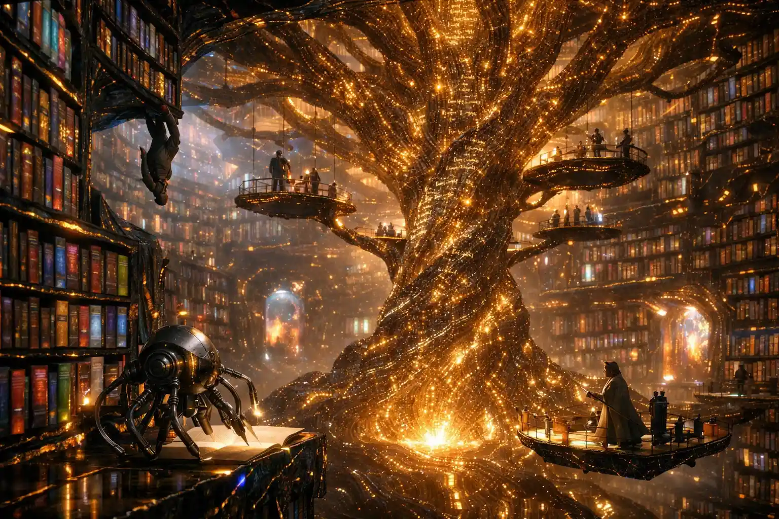 Kinematische Ansicht einer endlosen Obsidianbibliothek mit leuchtenden Regalen