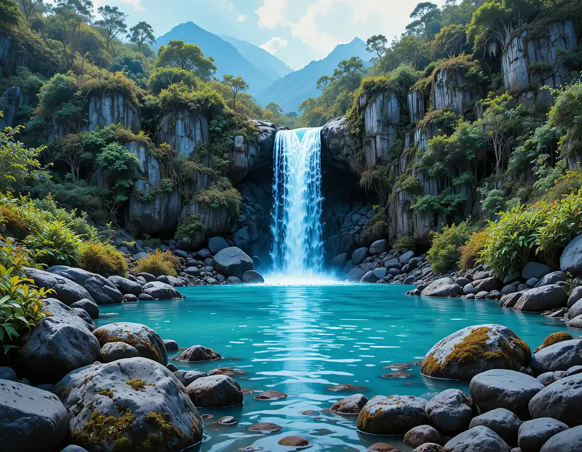 Cascada turquesa en el bosque que cae en una poza rocosa cubierta de musgo