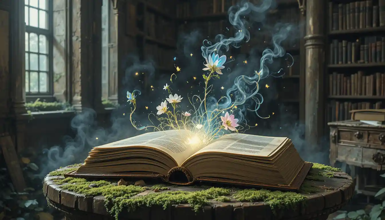 Ancient glowing book on mossy pedestal in forgotten library