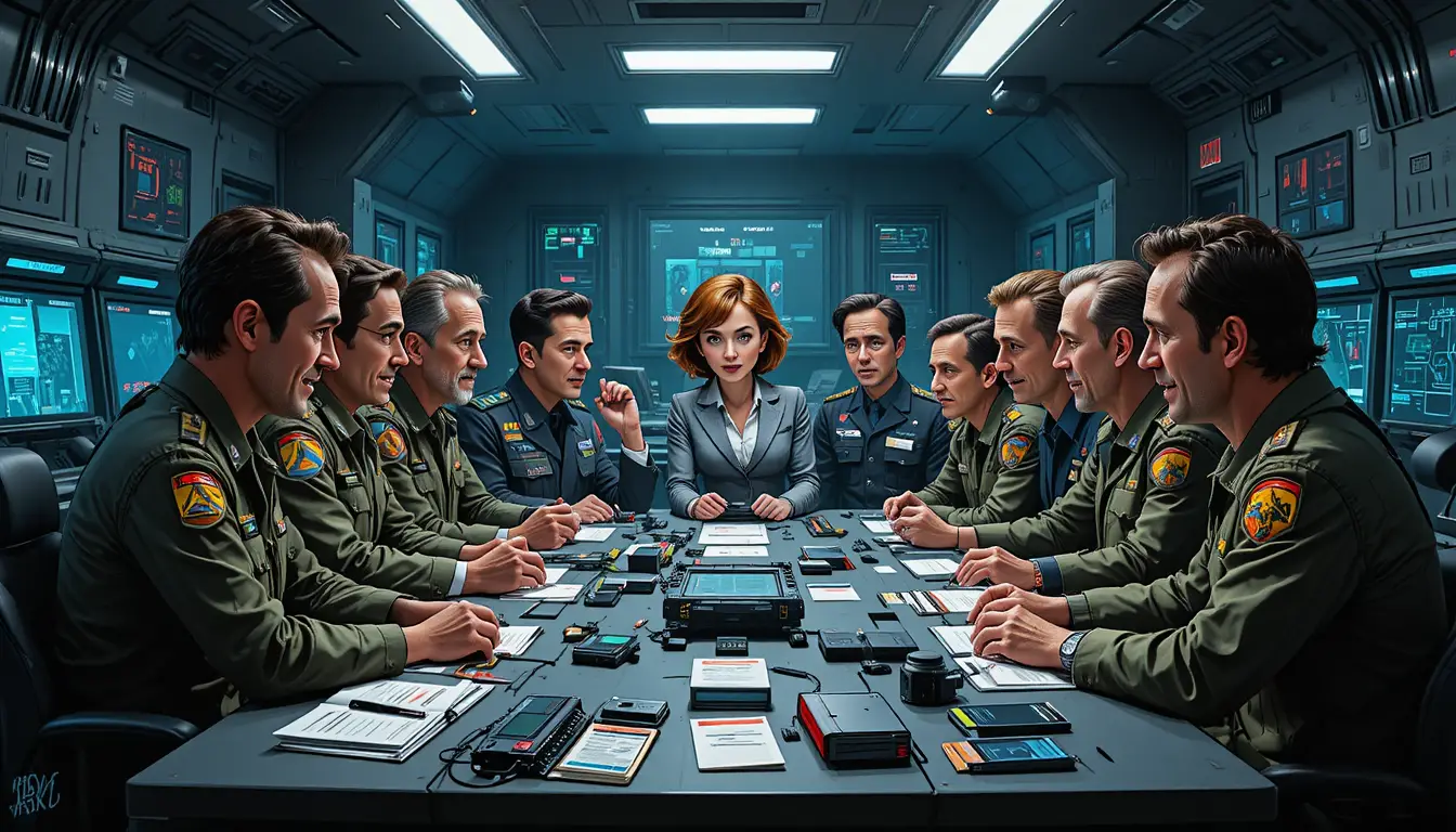 Military strategists in a dark high tech war room