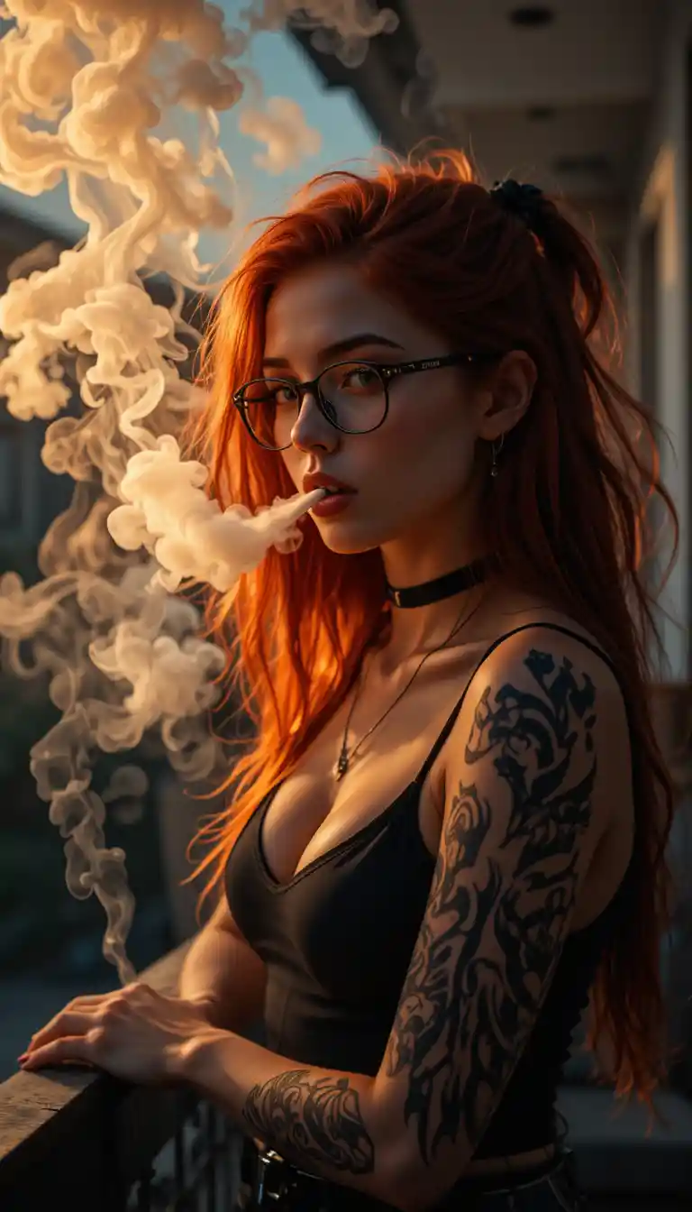 Jeune fille avec des lunettes fumant sur un balcon
