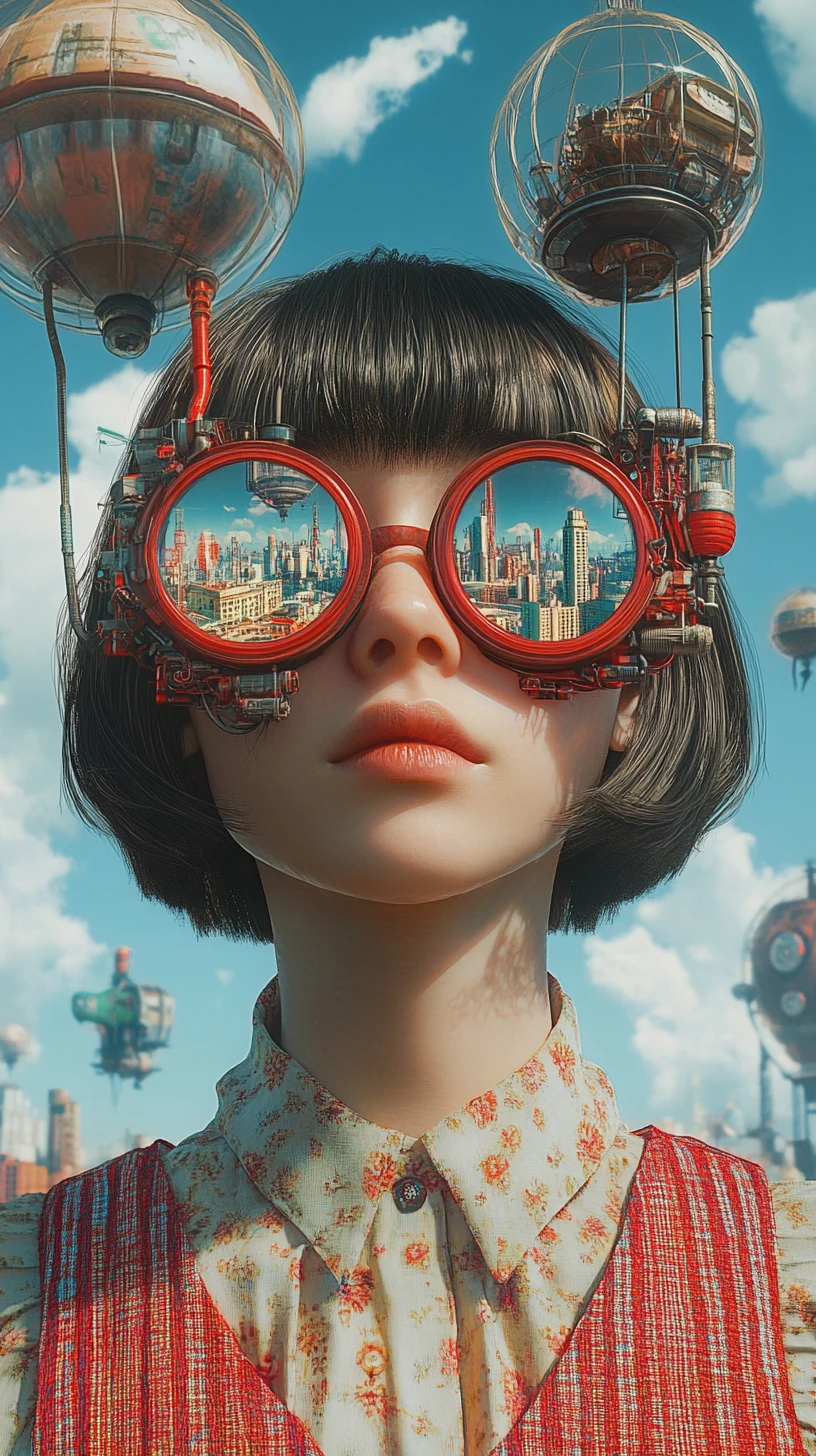 Ragazza anime surreale con città steampunk che cresce dalla sua testa