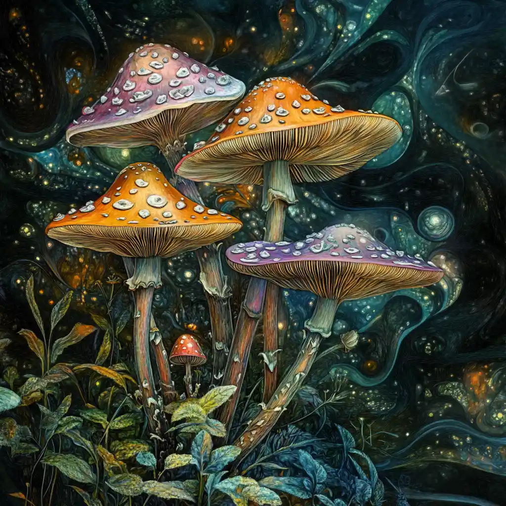 Surreal Forest Of Oversized Colorful Mushrooms In Soft Focus