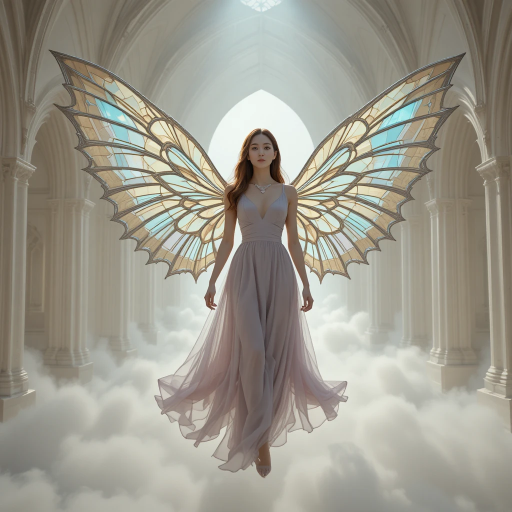 Korean woman with stained glass wings in white mist transept