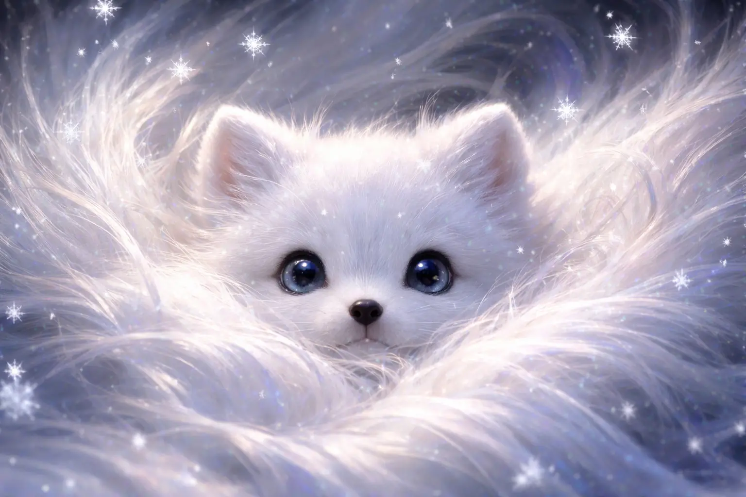 Fluffy Arctic Fox Kit Nestled In Windswept Fur And Snow