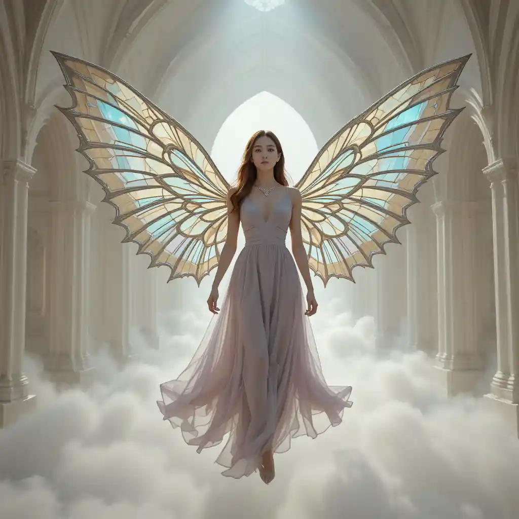 Korean woman with stained glass wings in white mist transept
