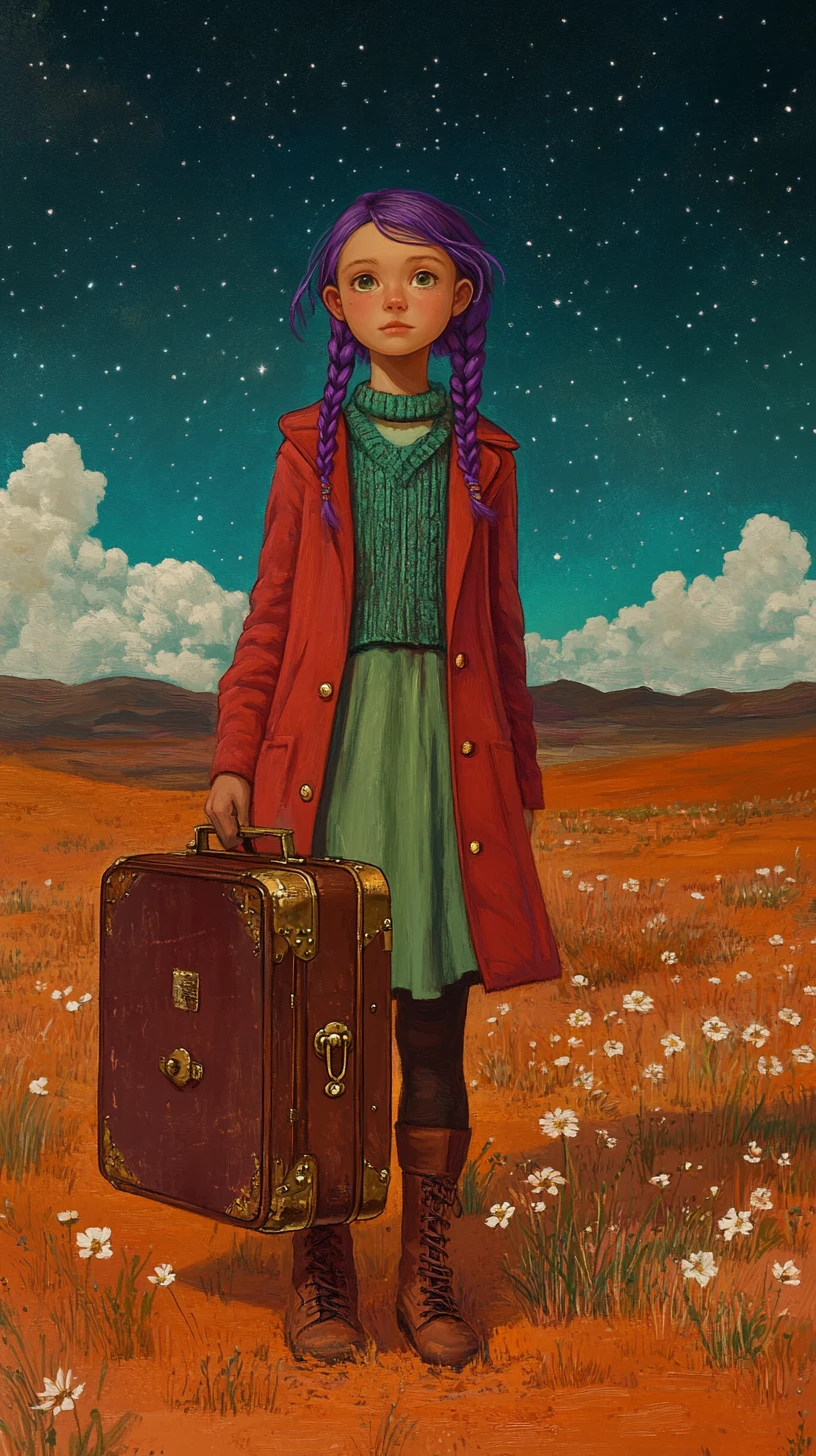 Young girl in a desert field with vintage suitcase