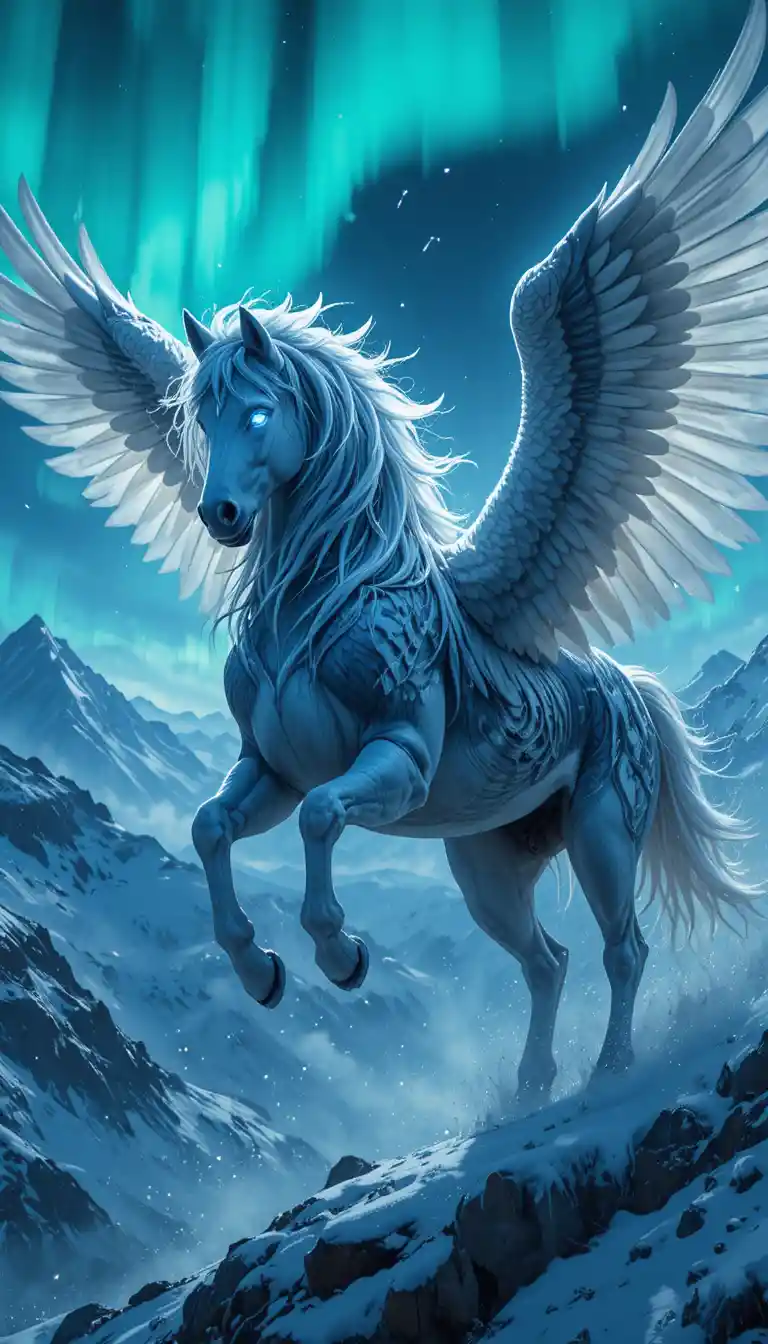 Pegasus With Husky Colors Flying Over Snowy Mountains