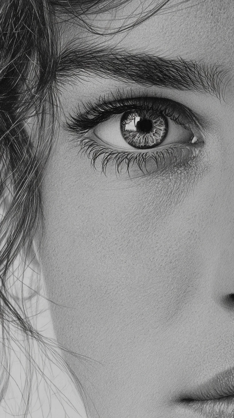 Graphite close up of a womans eye nose and mouth