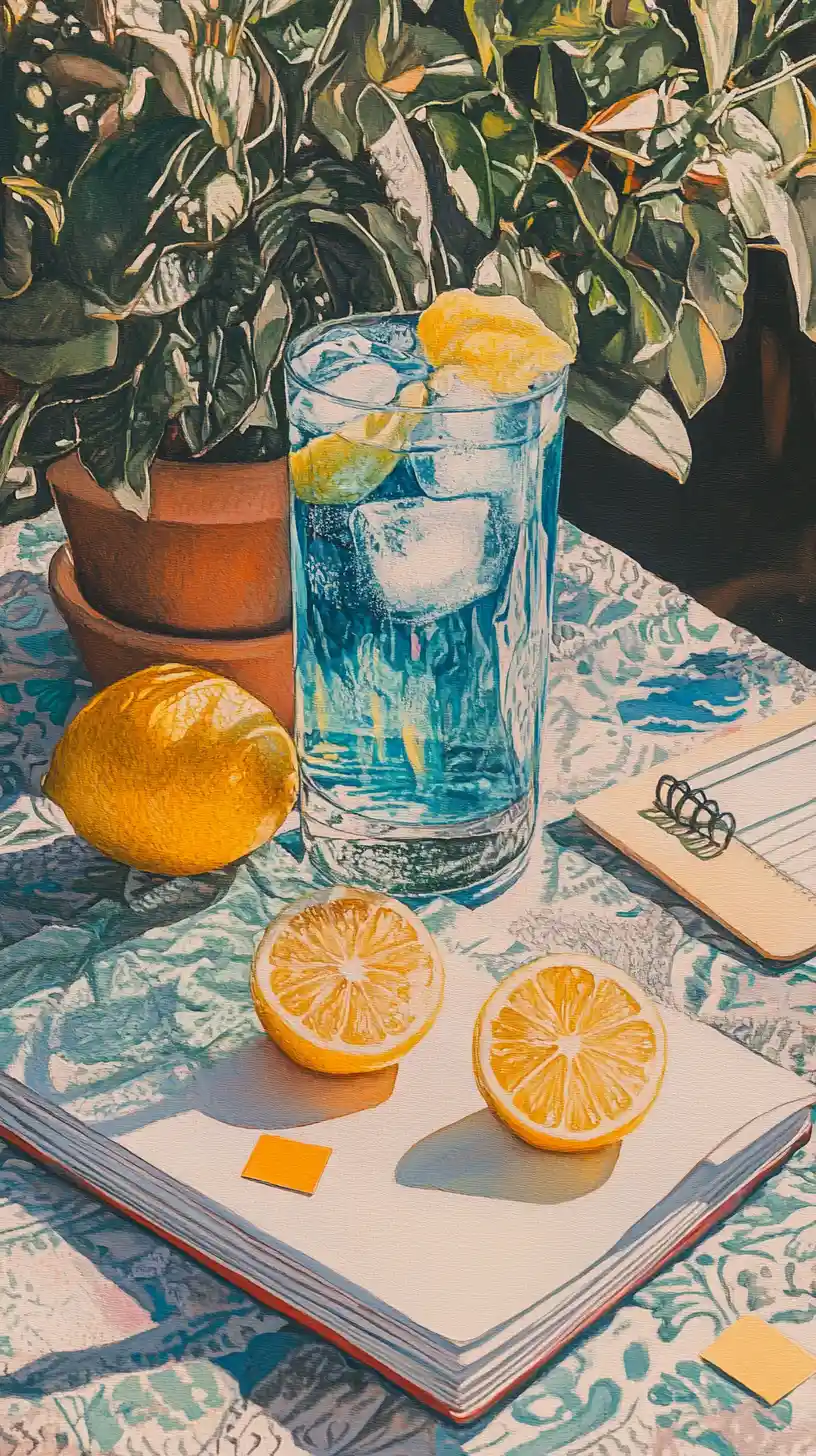 Sunlit still life with blue drink lemons and open book