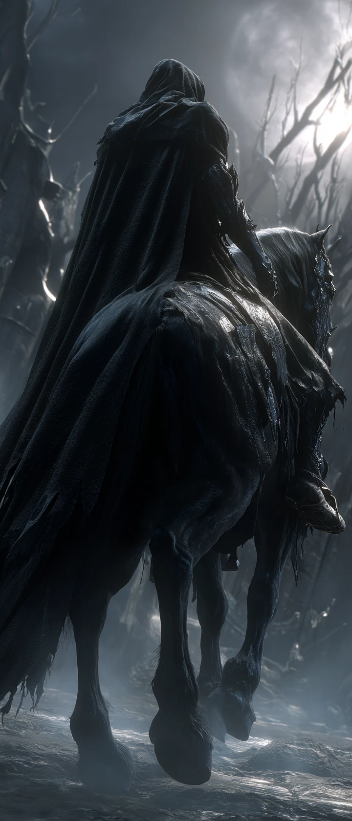 Dark hooded rider on a black stallion in moonlit ruins