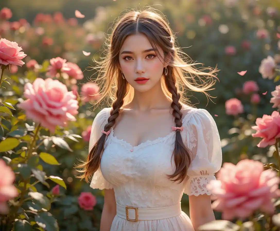 Mujer con vestido blanco entre rosas florecidas en el jardín