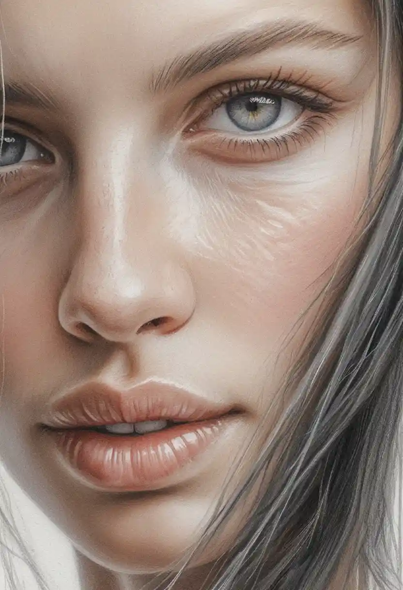Graphite close up of a womans eye nose and lips