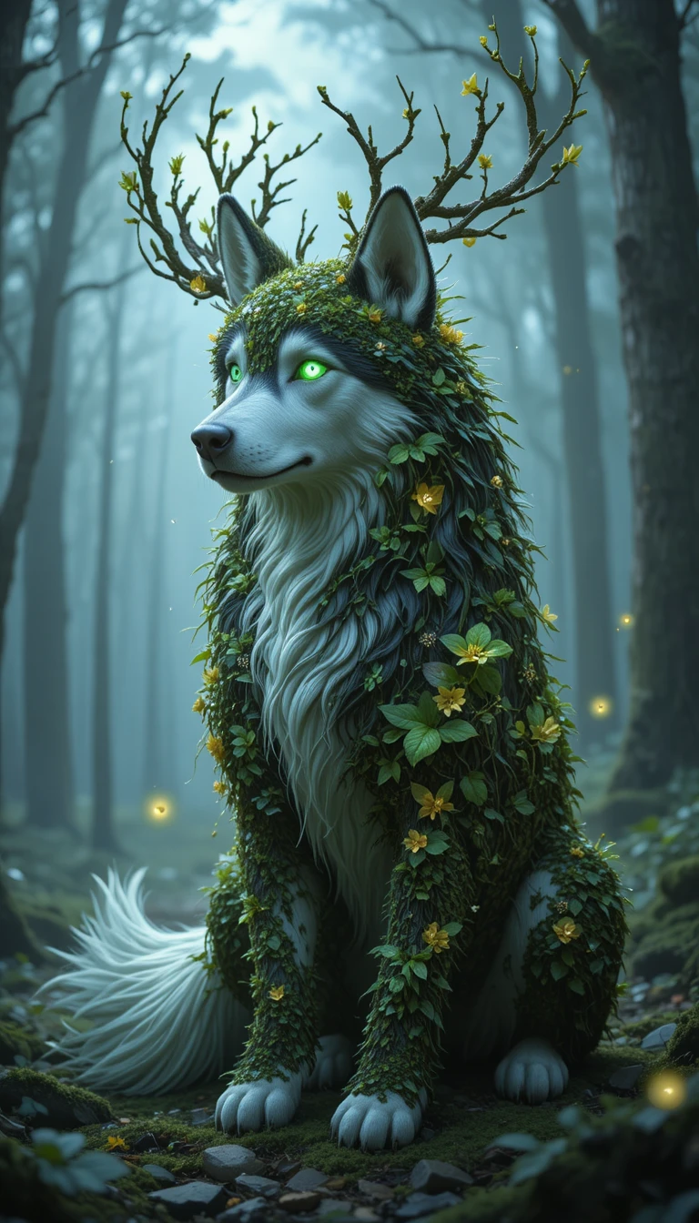 Espírito místico de husky coberto de musgo na floresta encantada