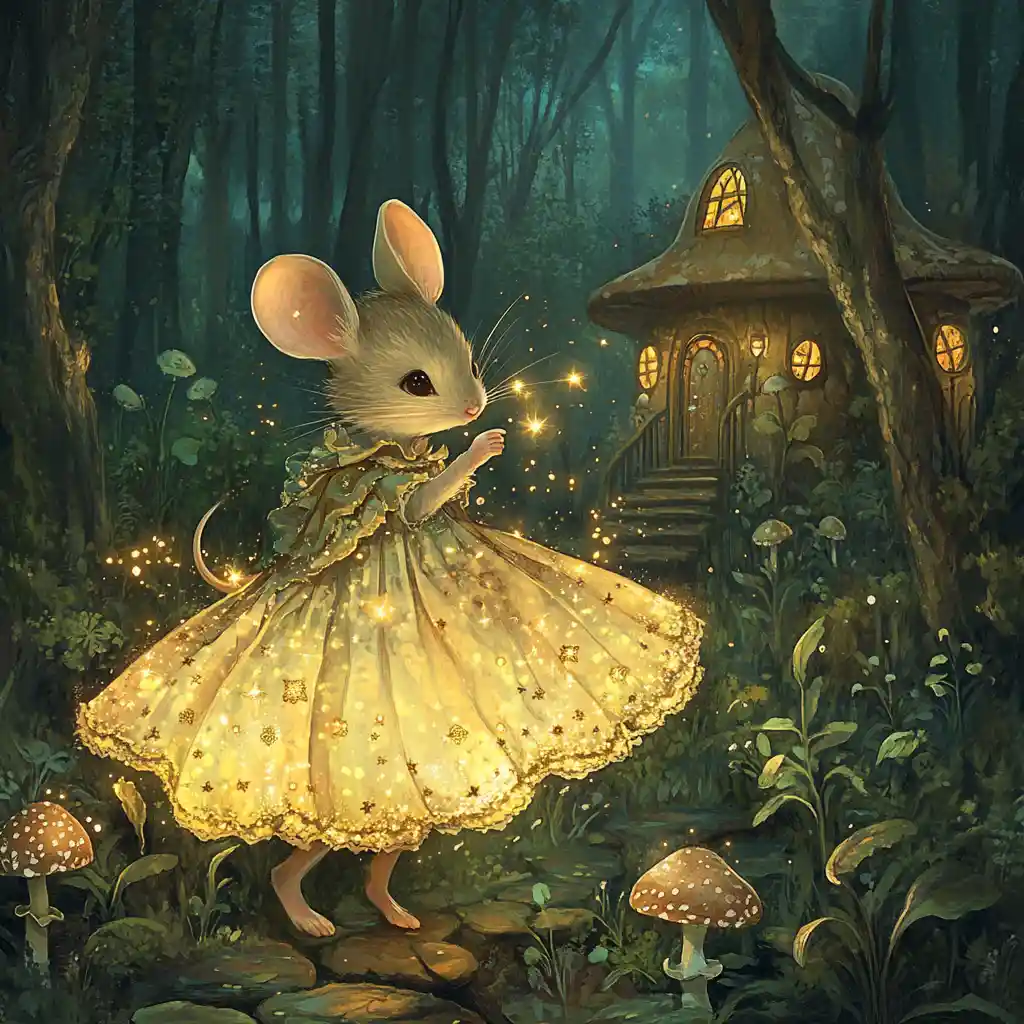 Cute mouse catching golden stars in a magical forest