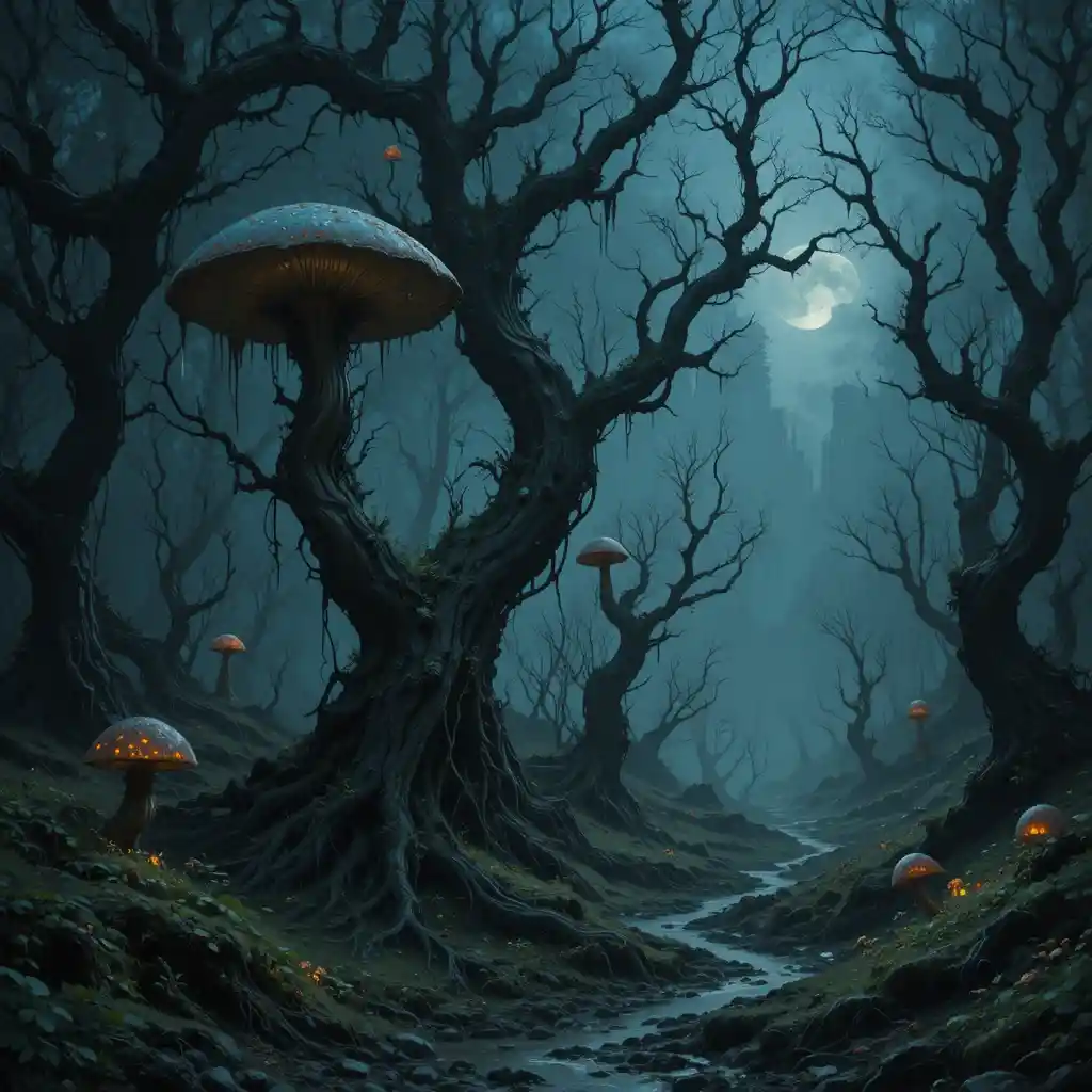 Paesaggio dark fantasy con alberi contorti e funghi luminosi