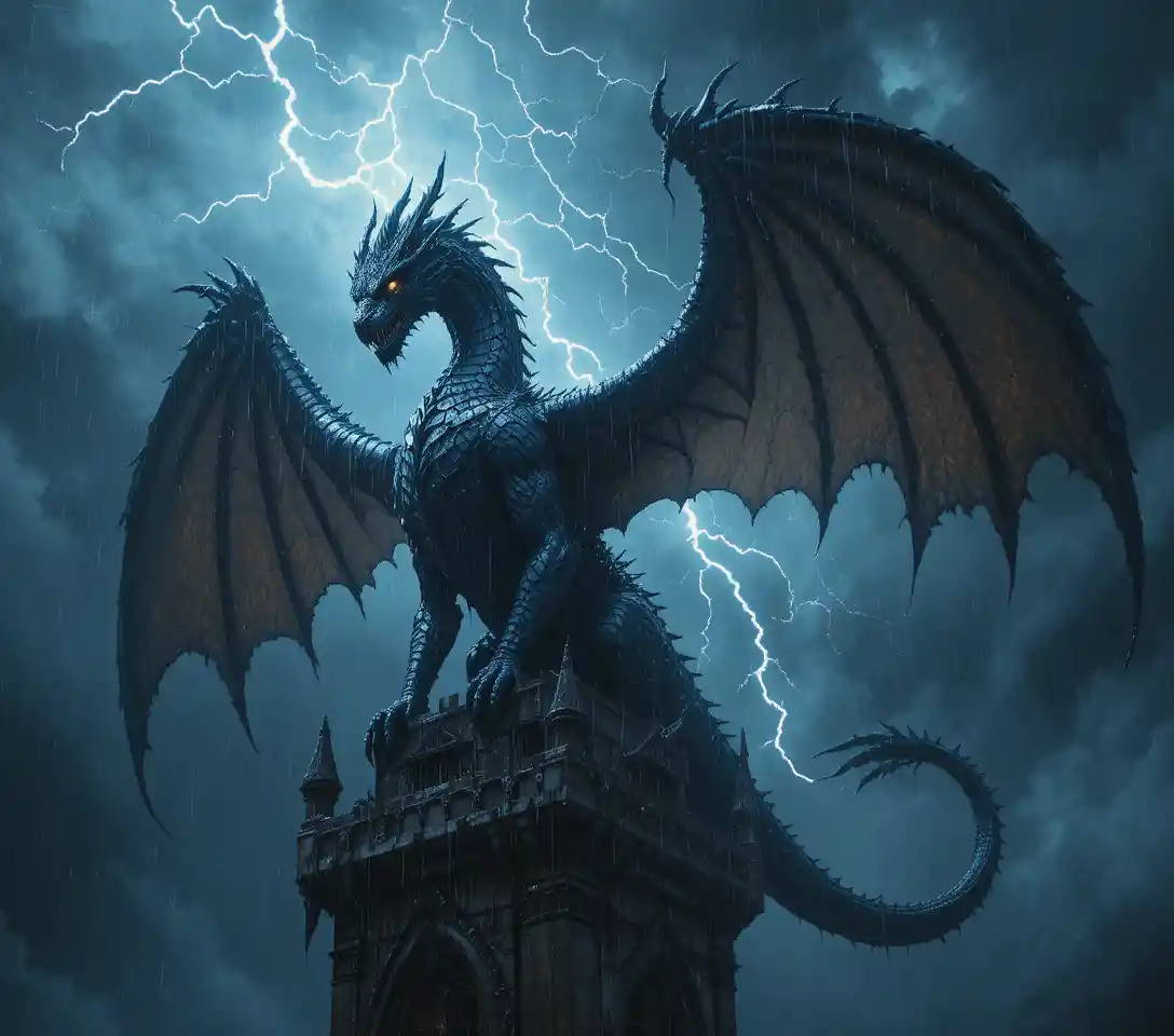 Ancient Dragon On Gothic Spire In A Storm