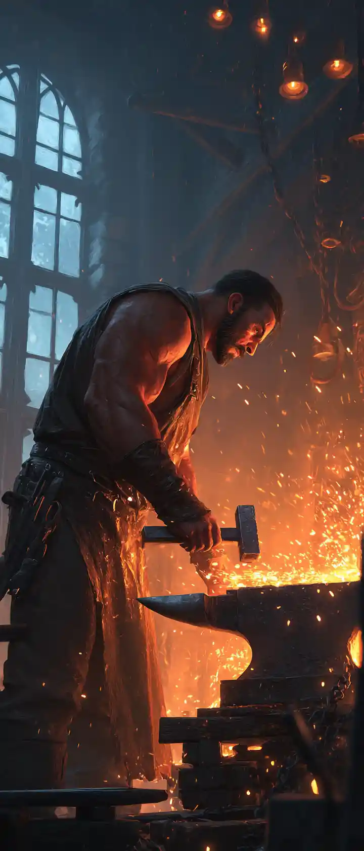 Blacksmith Forging A Glowing Blade In A Medieval Forge