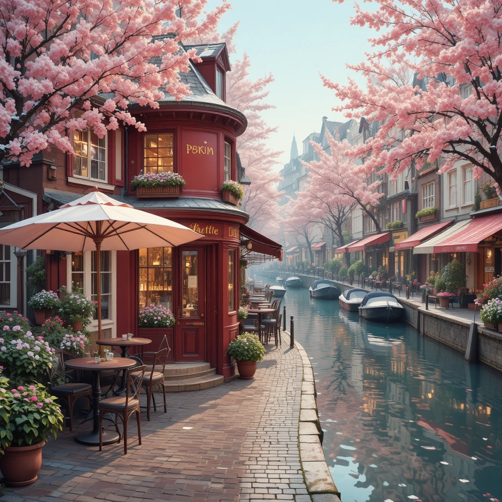 桜が咲くヨーロッパの居心地のよい運河沿いカフェ通り