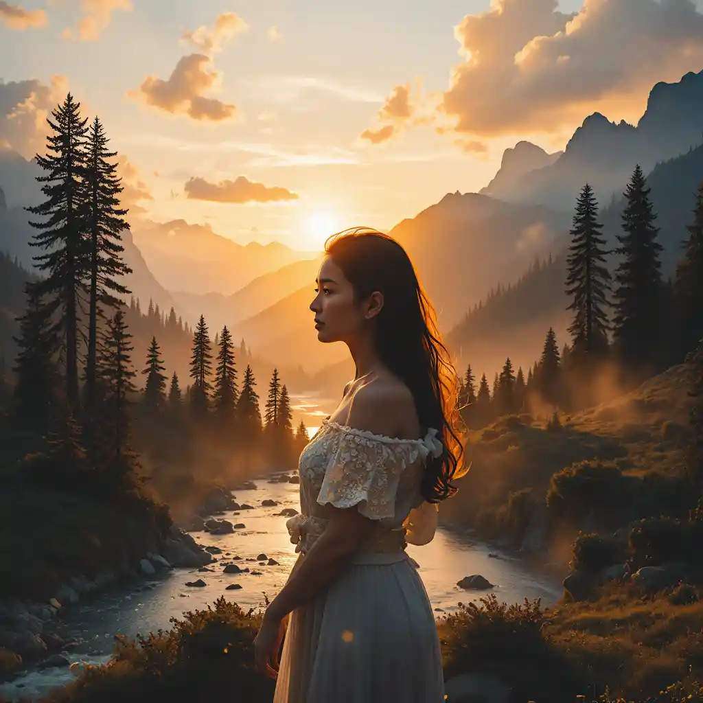 Serene woman in double exposure with mountain sunset