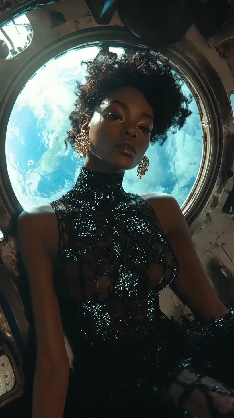 Modelo afrofuturista de alta costura flotando en estación espacial