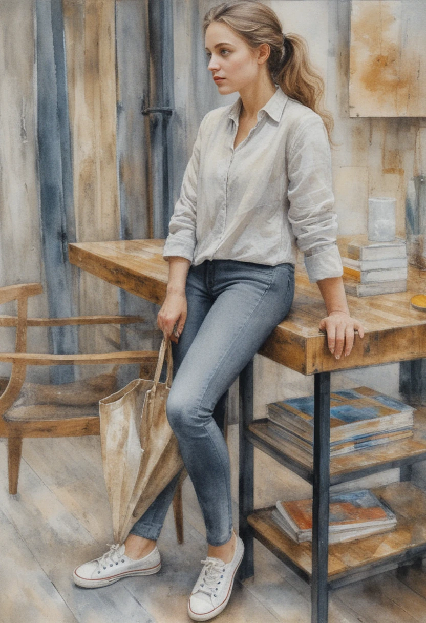 Watercolor of young woman leaning on a high table