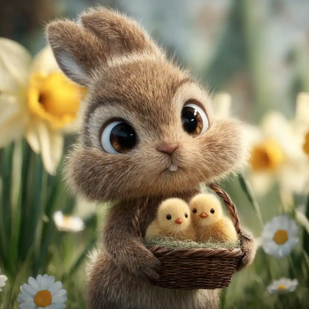 Cute rabbit holding a nest of chicks in spring meadow