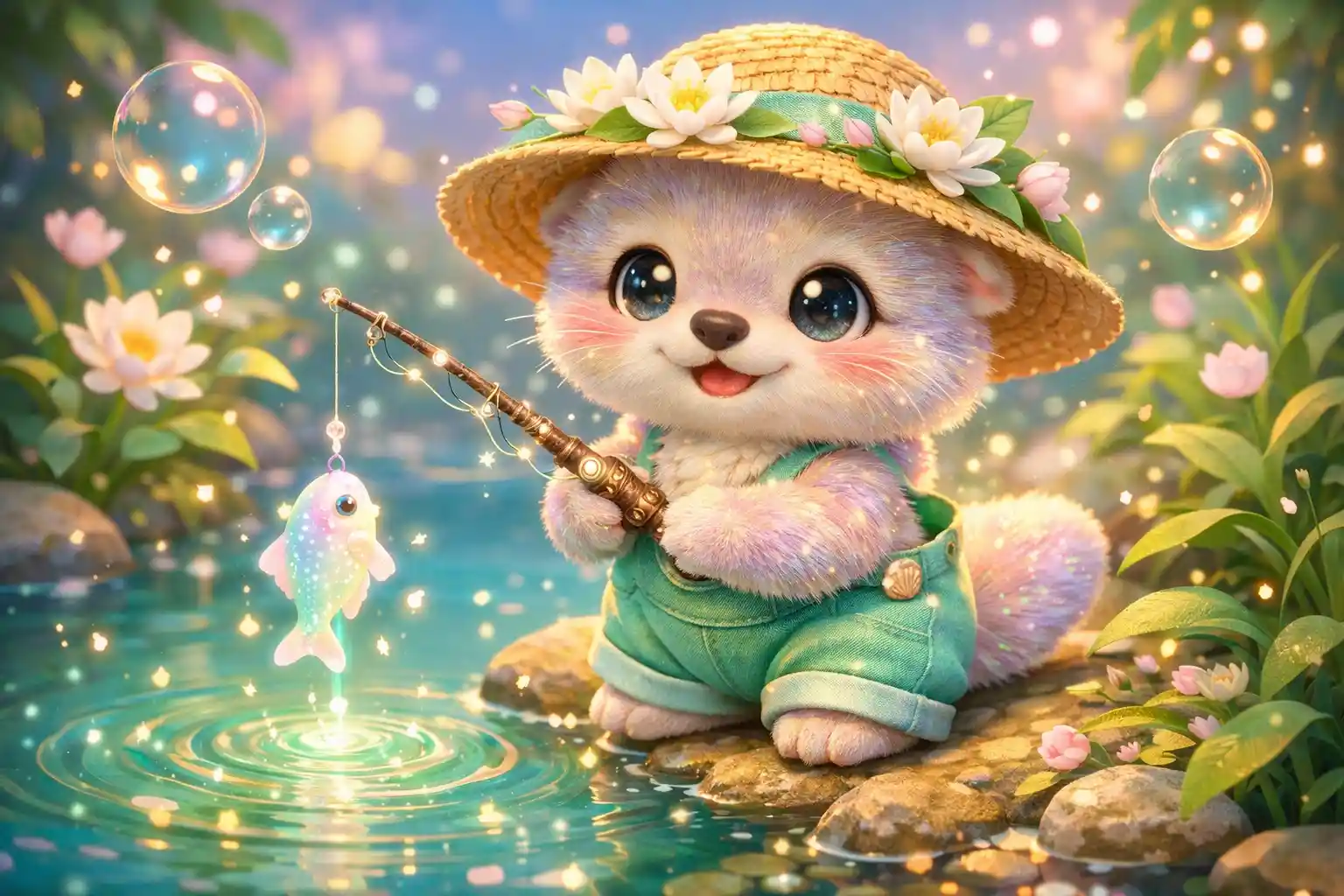 Cute baby otter fishing by a glowing magical pond
