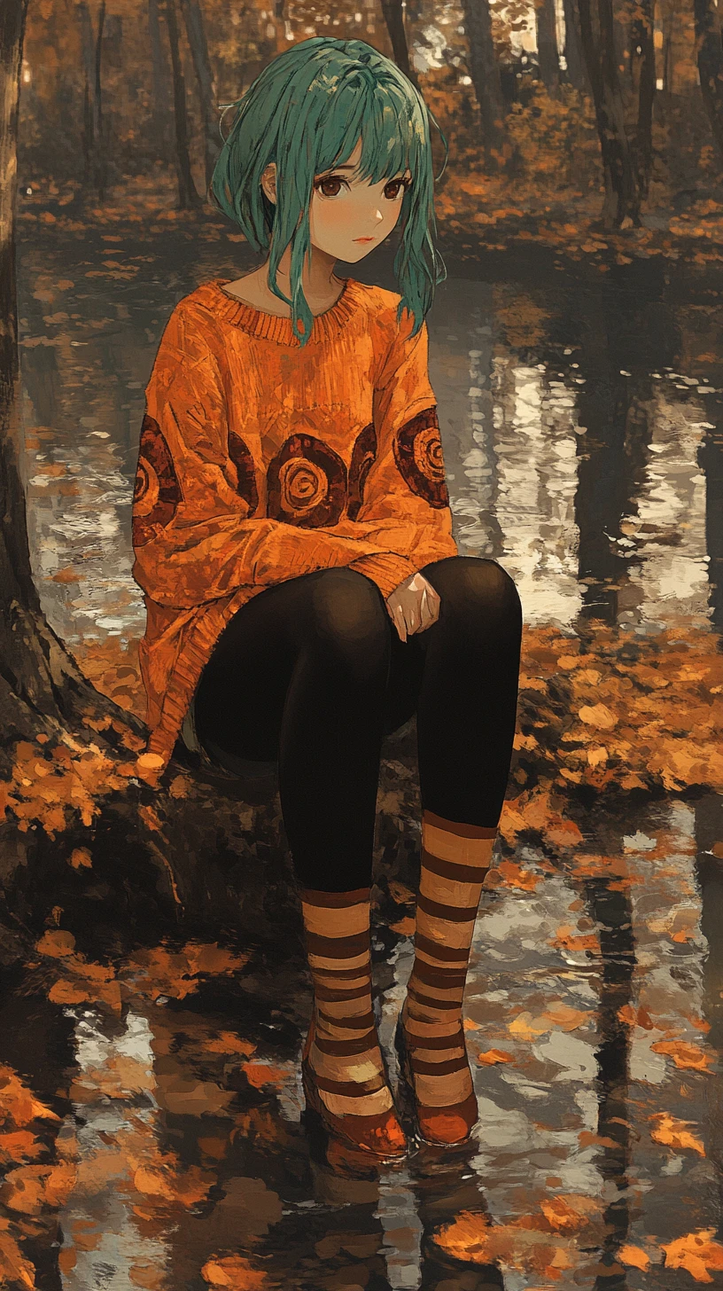 金色秋日森林小徑上獨自行走的動漫少女