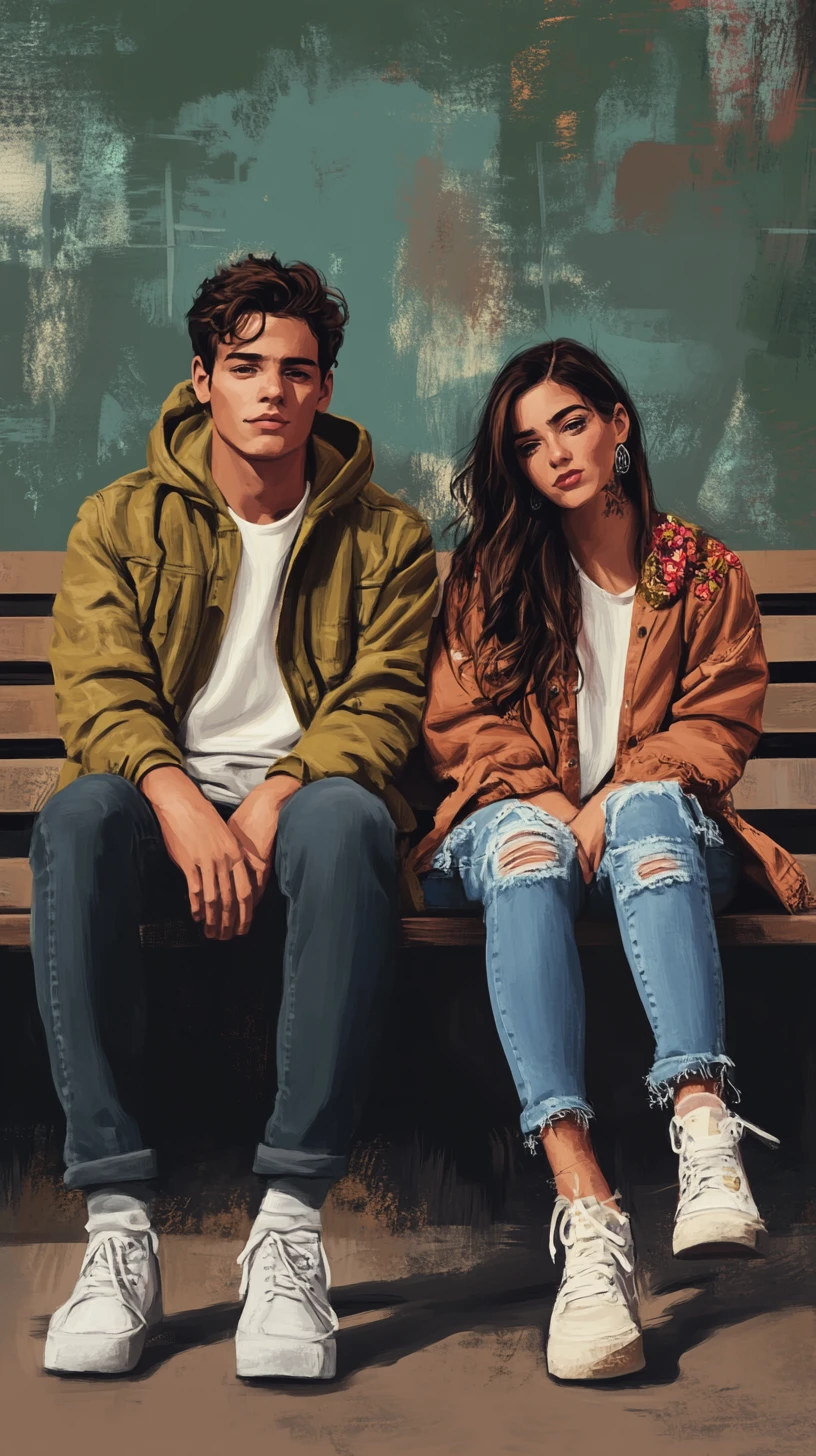 Young couple on urban bench in moody digital illustration