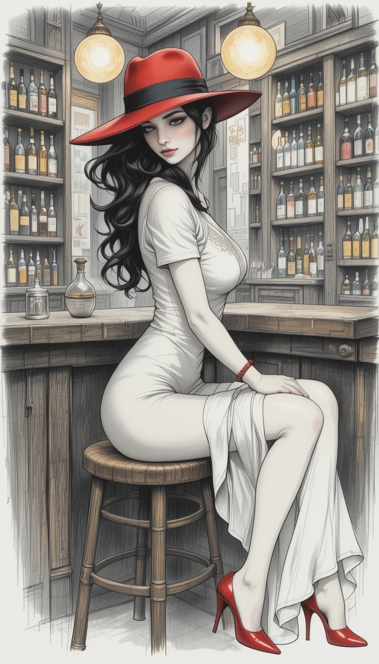 Young woman in red hat sitting pensively at vintage bar