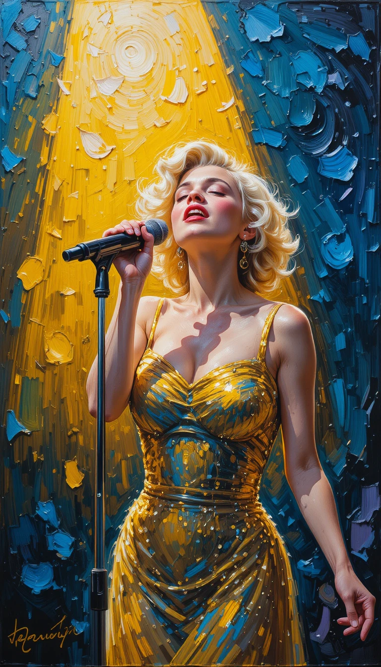Glamorous singer in spotlight on a vibrant painted stage