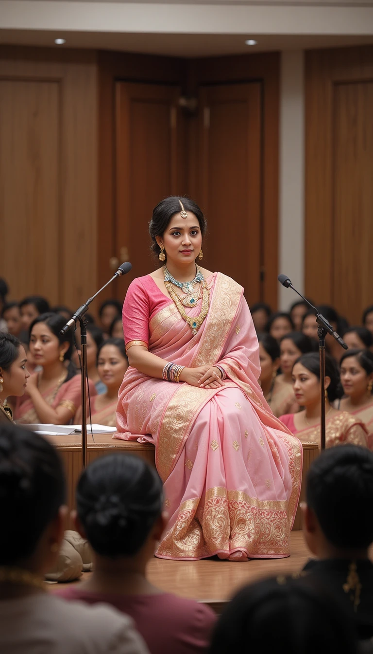 Mujer india con sari dando charla espiritual en el escenario