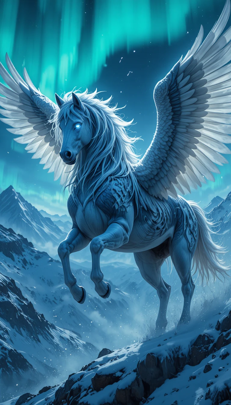 Pegasus With Husky Colors Flying Over Snowy Mountains