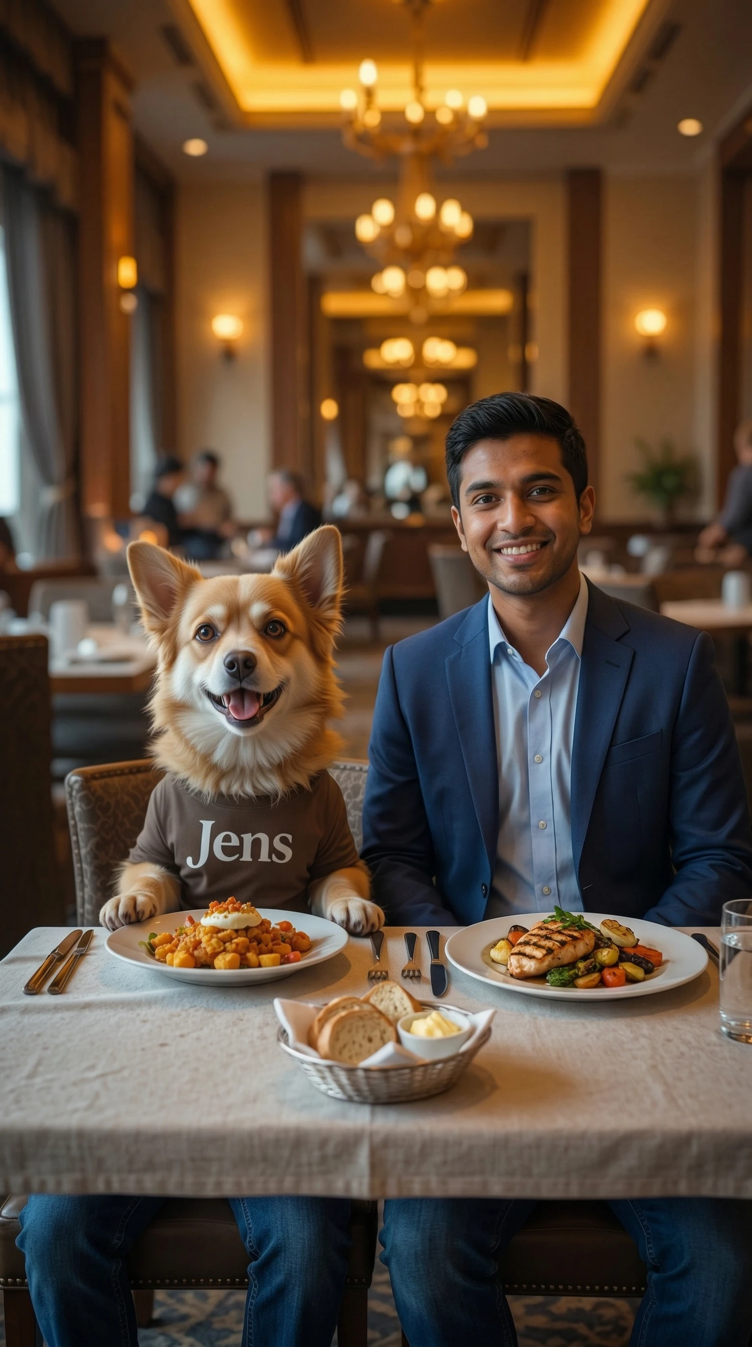 Cane con T-shirt e jeans che mangia in un ristorante elegante