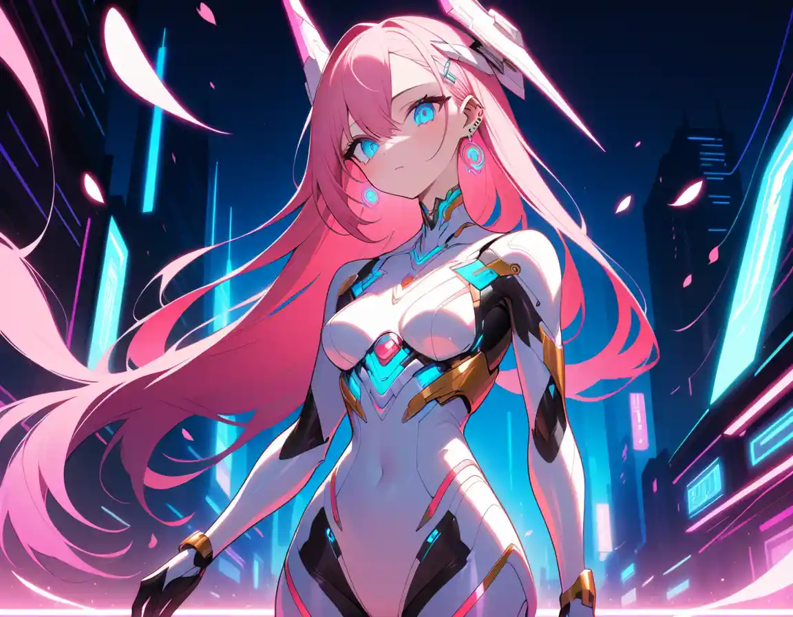 Cybernetic anime woman in neon city with cherry blossoms