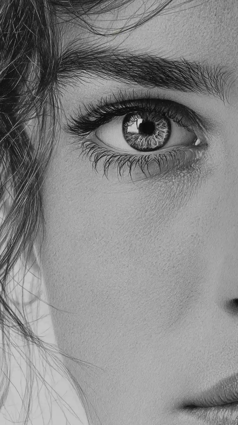 Graphite close up of a womans eye nose and mouth
