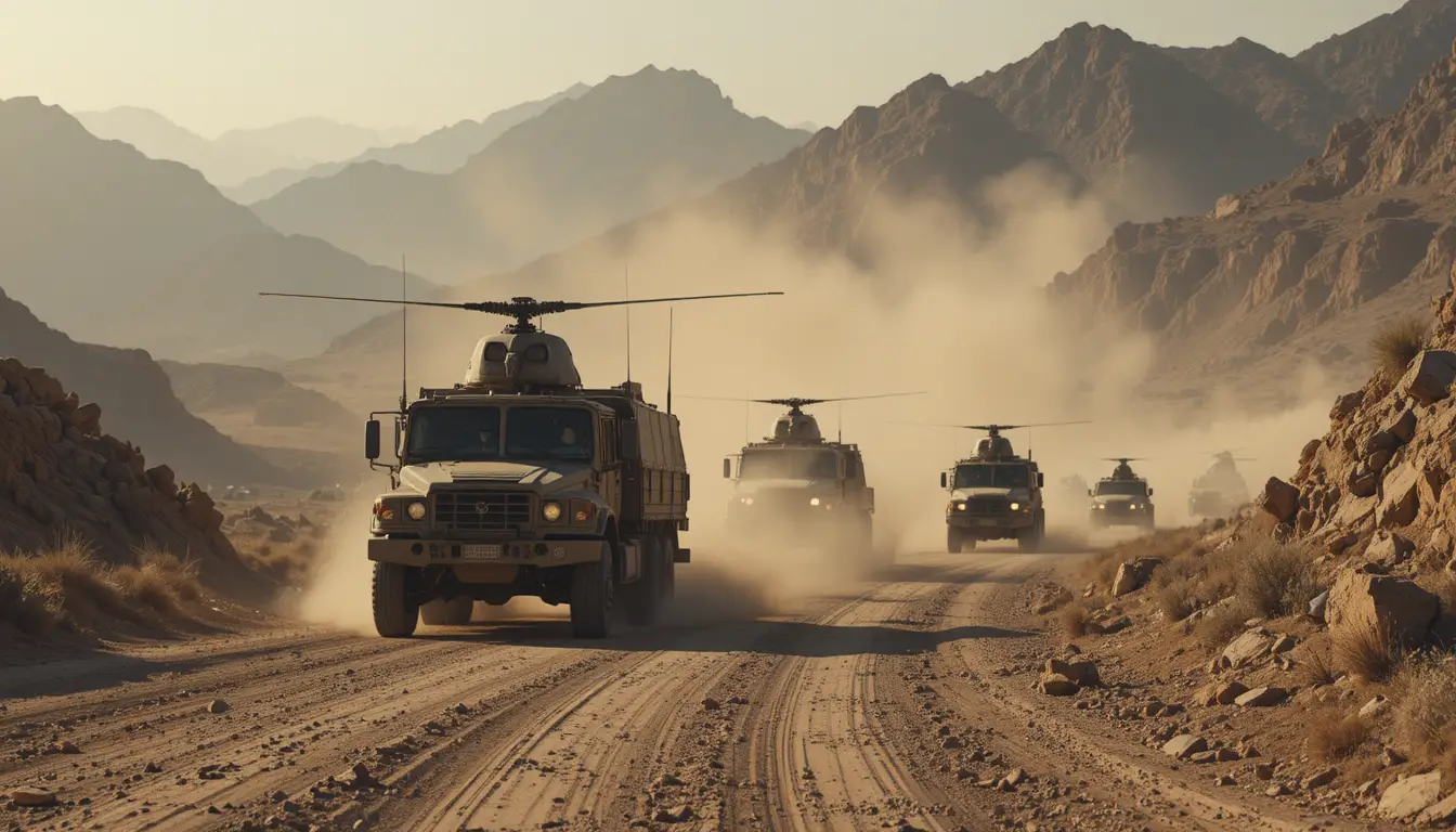Military trucks and helicopters on a dusty mountain road