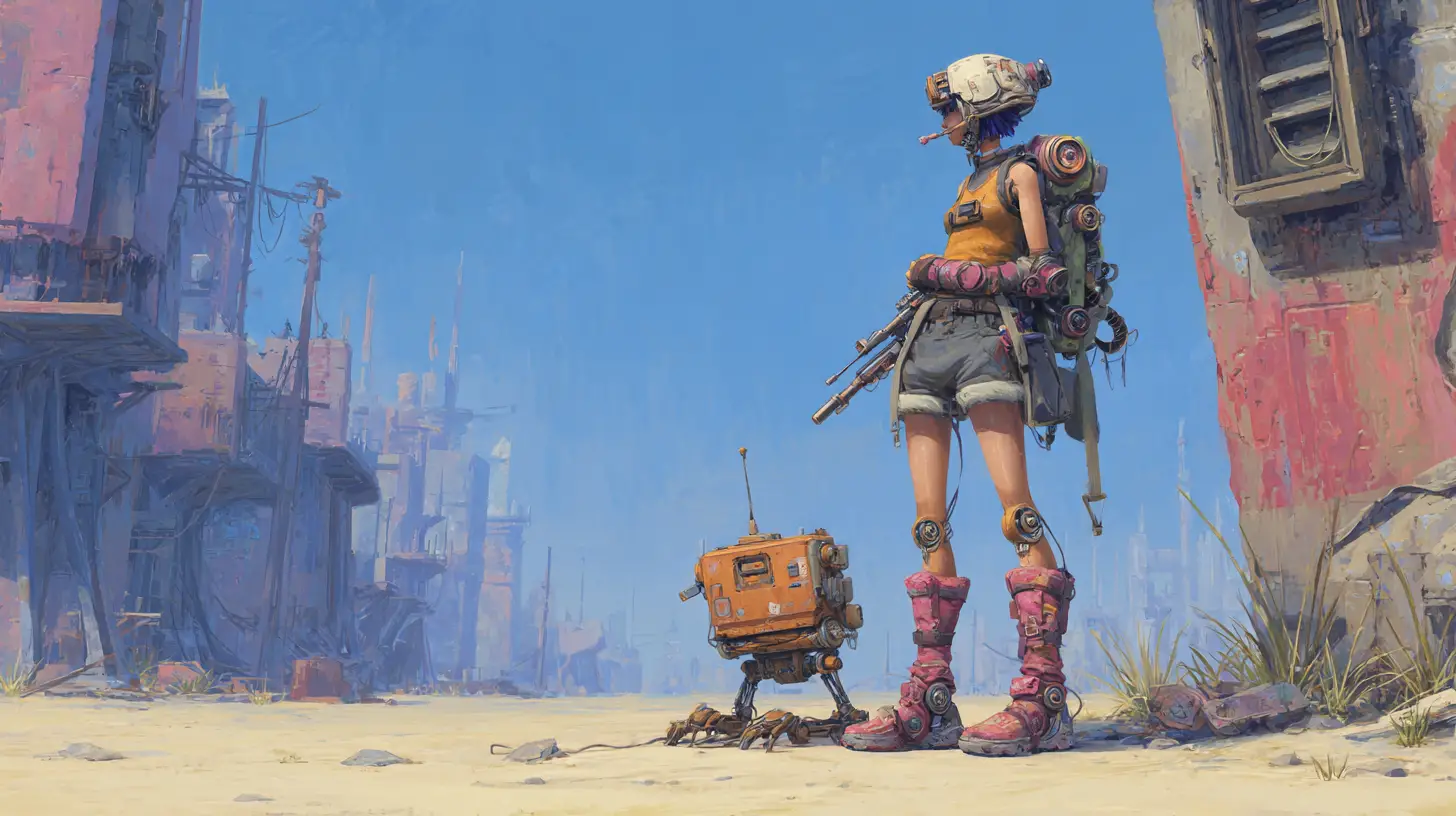 Armed scavenger woman with droid in ruined wasteland