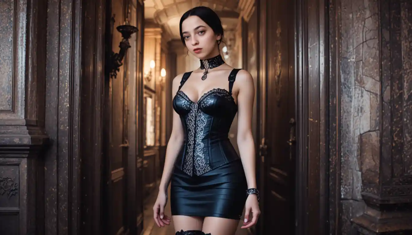 Sensual woman in black corset standing in a doorway