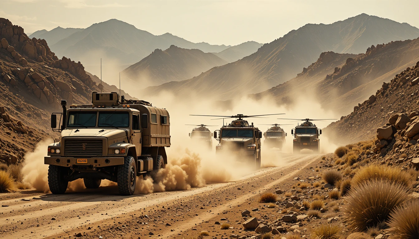 Military trucks and helicopters on a dusty mountain road