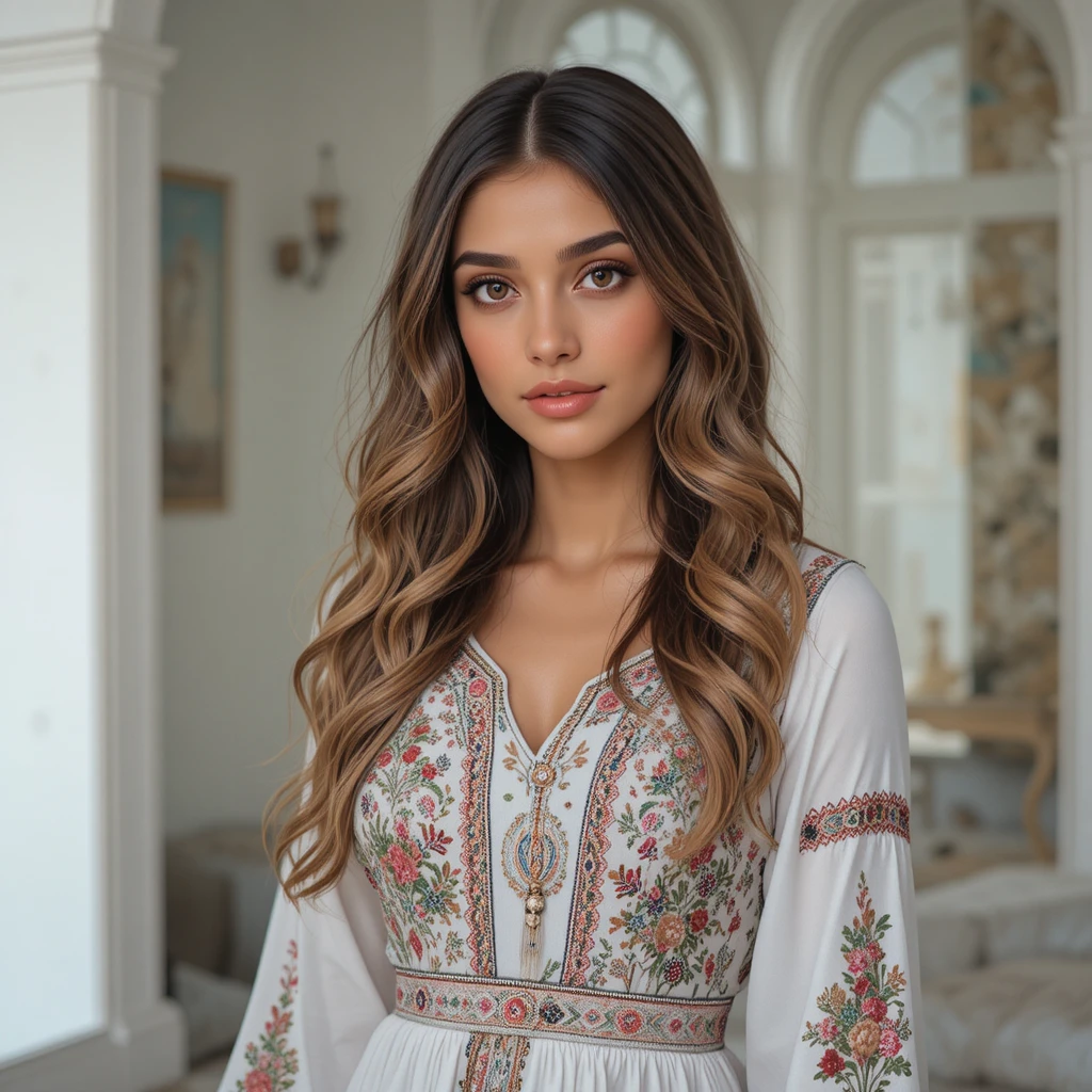 Middle eastern woman with wavy highlighted hair in traditional dress