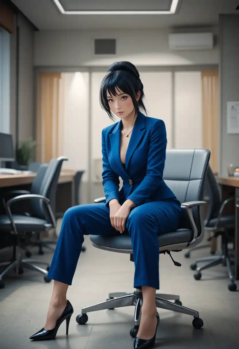 Donna sicura di sé in completo blu seduta in ufficio moderno