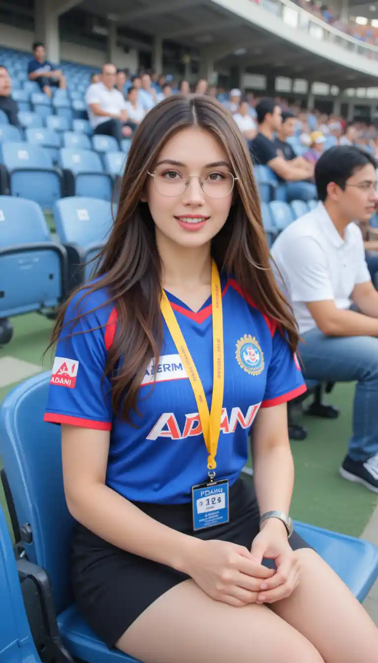 Smiling young woman in blue jersey at sports stadium