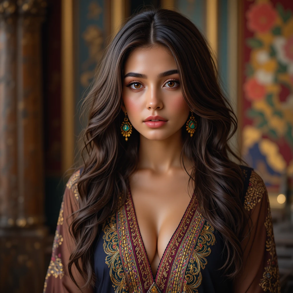 Mujer de Medio Oriente con vestido tradicional y cabello ondulado con mechas