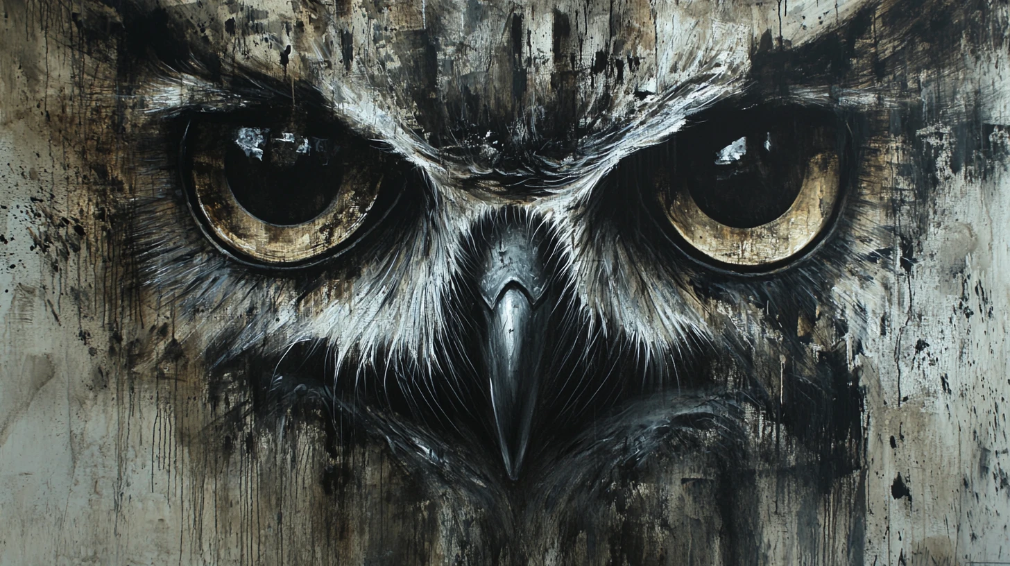 Owl eyes in surreal mixed media charcoal and ink painting