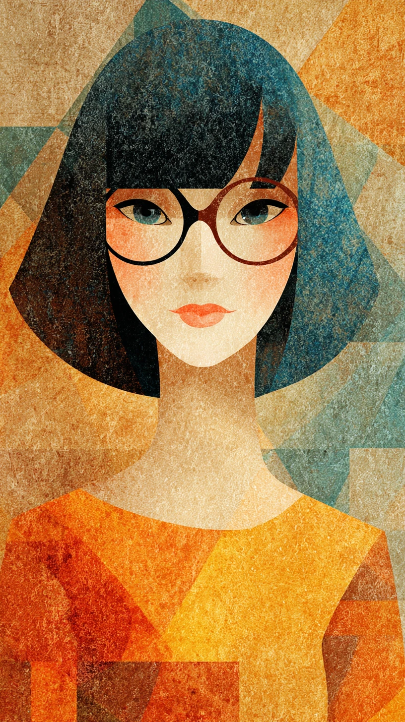 Stilisierte Frau mit Bobfrisur und übergroßer geometrischer Brille