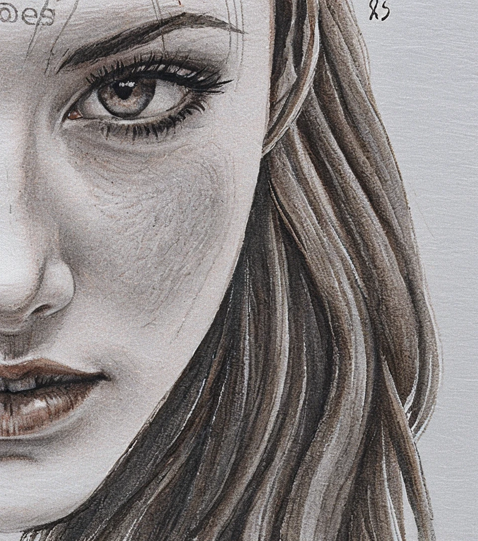 Graphite close up drawing of a womans right eye and lips
