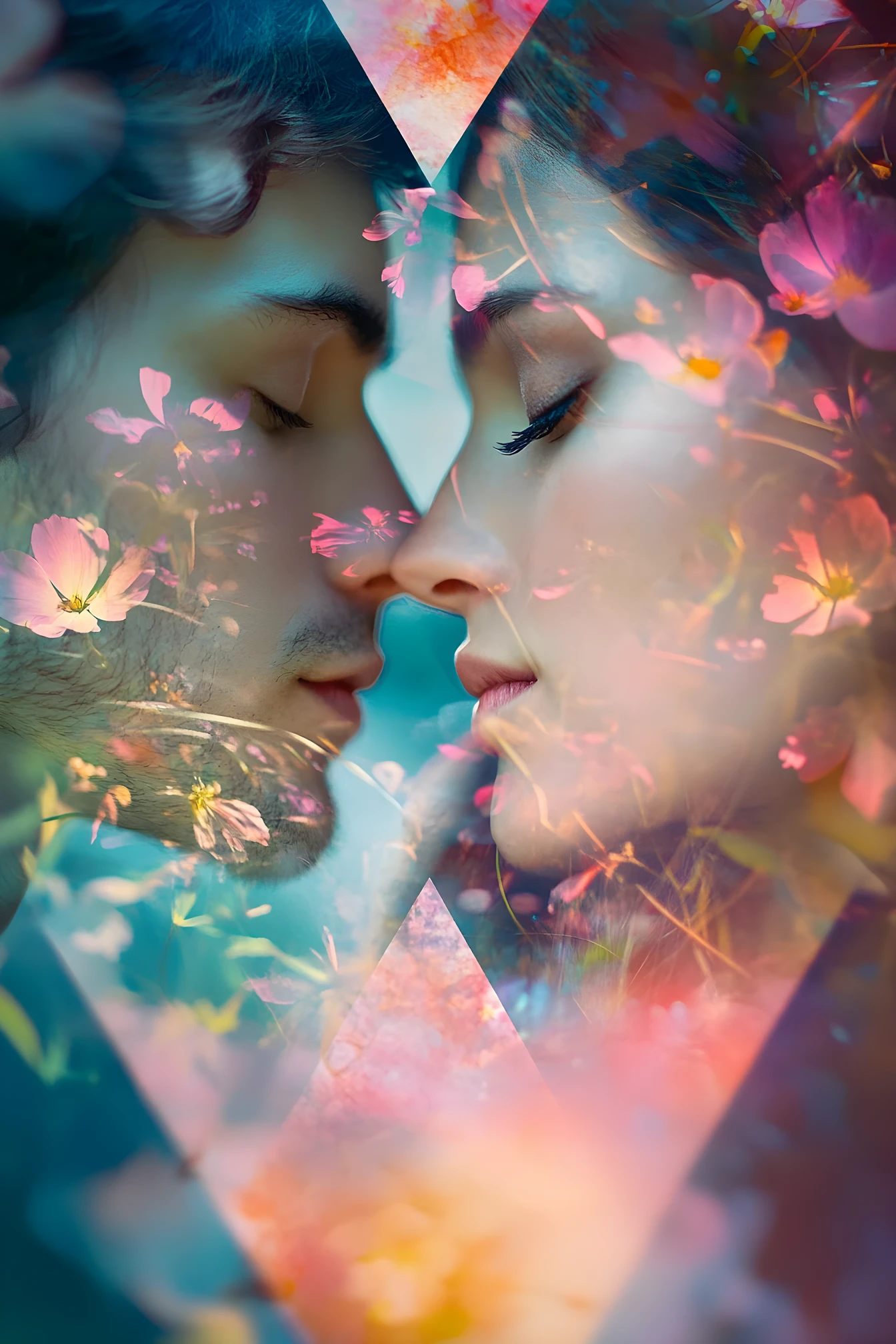 Romantic couple inside a bright transparent crystal pyramid