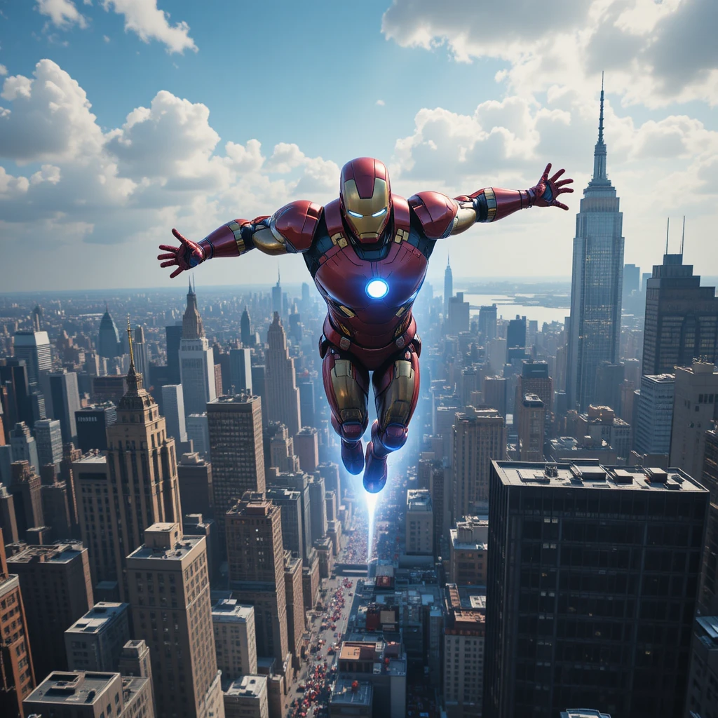 Superheld fliegt über der Skyline von Manhattan